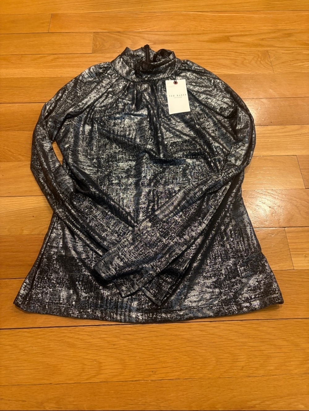 Ted Baker Metallic Black & Silver Mock Neck Top